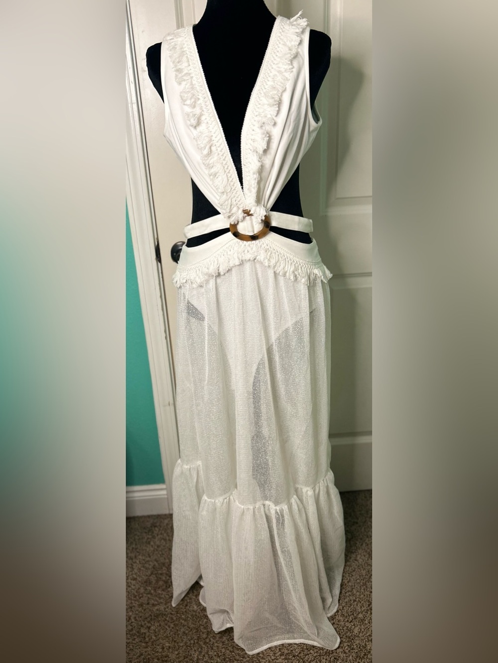 Latiste White Fringe Mesh Cutout Ring Maxi Dress Large Beach Boho